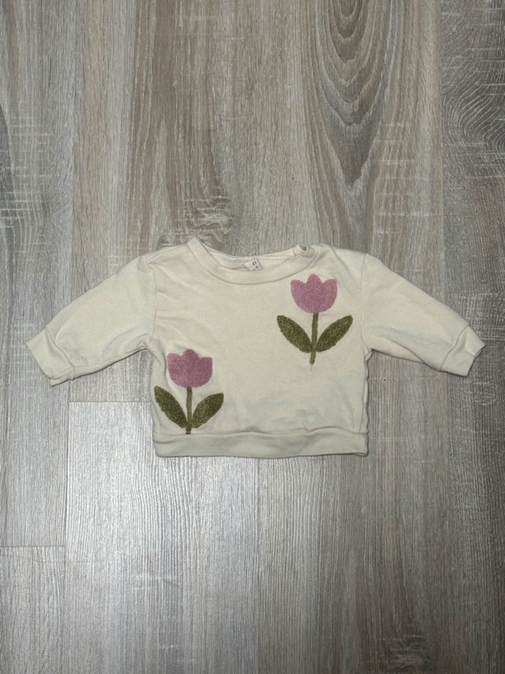chick pea Cream Sweatshirt with Pink Tulip Appliqués